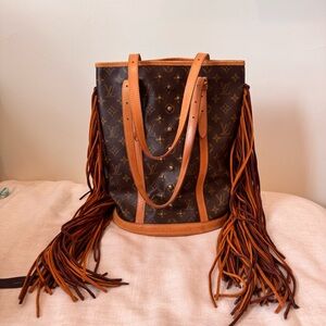 Vintage Boho refurbed Louis Vuitton Brown Monogram Bucket Bag with Fringe